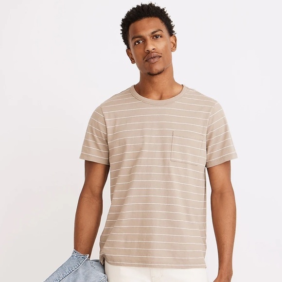 Madewell Cotton-Hemp Pocket Tee Mens Size XL Tan Stripe Short Sleeve Casual - Picture 1 of 8
